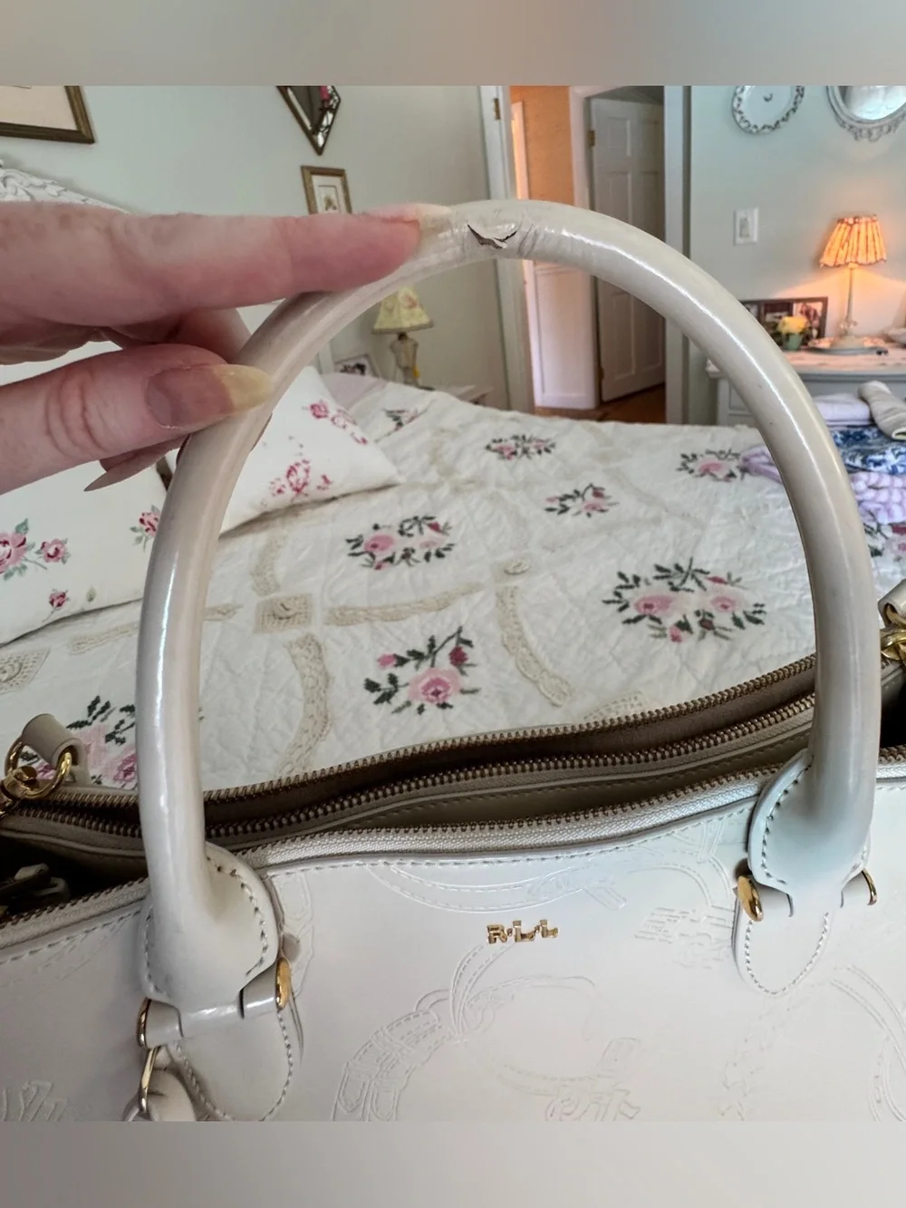 Ralph Lauren “Taylor, Belti Double-Zip Embossed Leather Satchel” in Ivory